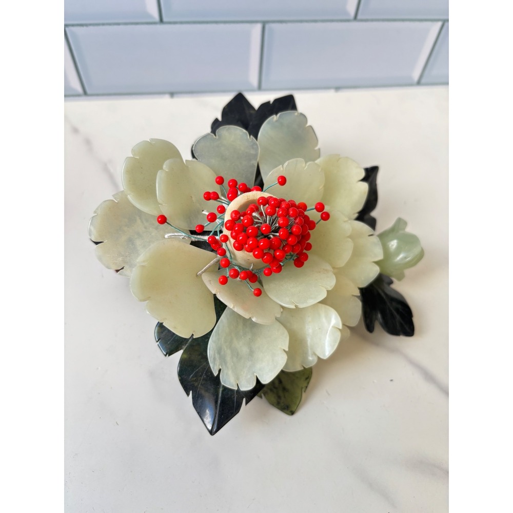 Vintage Chinese Jade Flower‎ Candle Holder Carved Celadon Dark Green Red Beads
